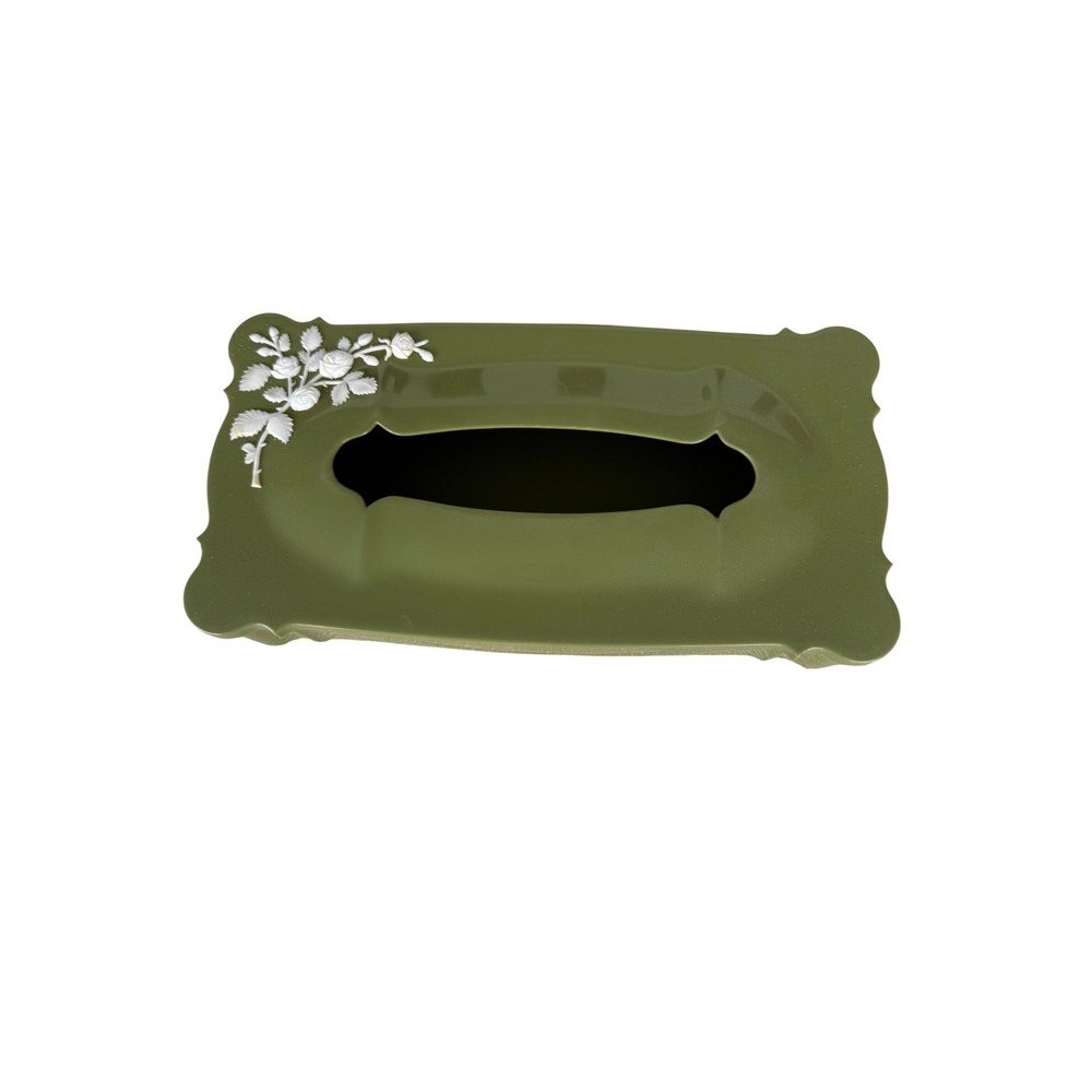 Schwarz Bros Plastics Tissue Holder Vintage Olive Green Floral MCM Decor Kitsch